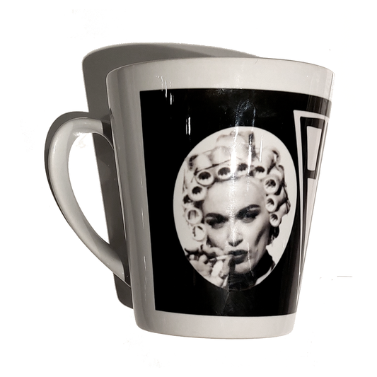 Pam Hoggs fashion depicted on a coffee mug. Part of The Horror Show! found in Somerset House London.