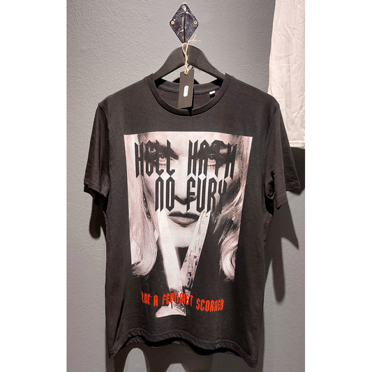 Pam Hoggs fashion on a black T-shirt. Found in The Horror Show at Somerset House london.