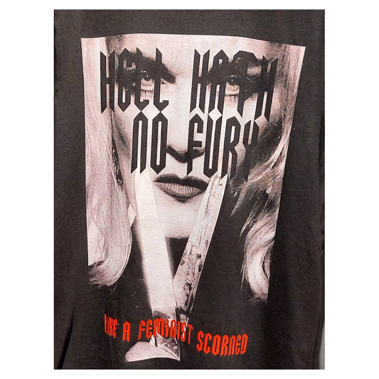 Pam Hoggs fashion on a black T-shirt. Found in The Horror Show at Somerset House london.